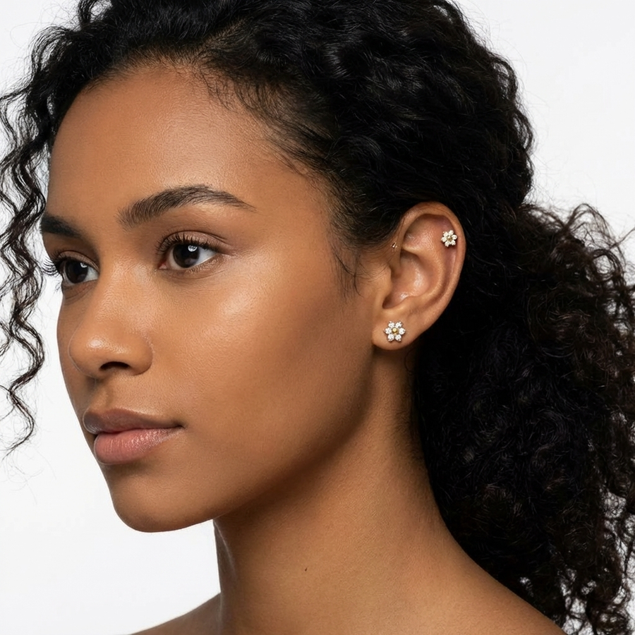 Barretta con fiore zirconato in Acciaio Chirurgico 316L - Piercing per orecchio