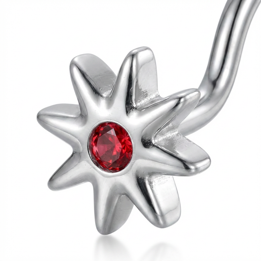 Piercing con fiore con zircone rosso in Titanio - Piercing per naso