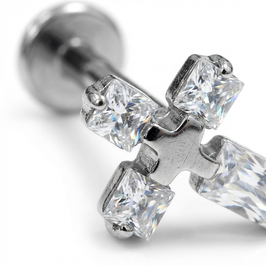Piercing con croce di zirconi in Titanio G23- Piercing per Lobo, helix, forward helix, conch, flat, tragus