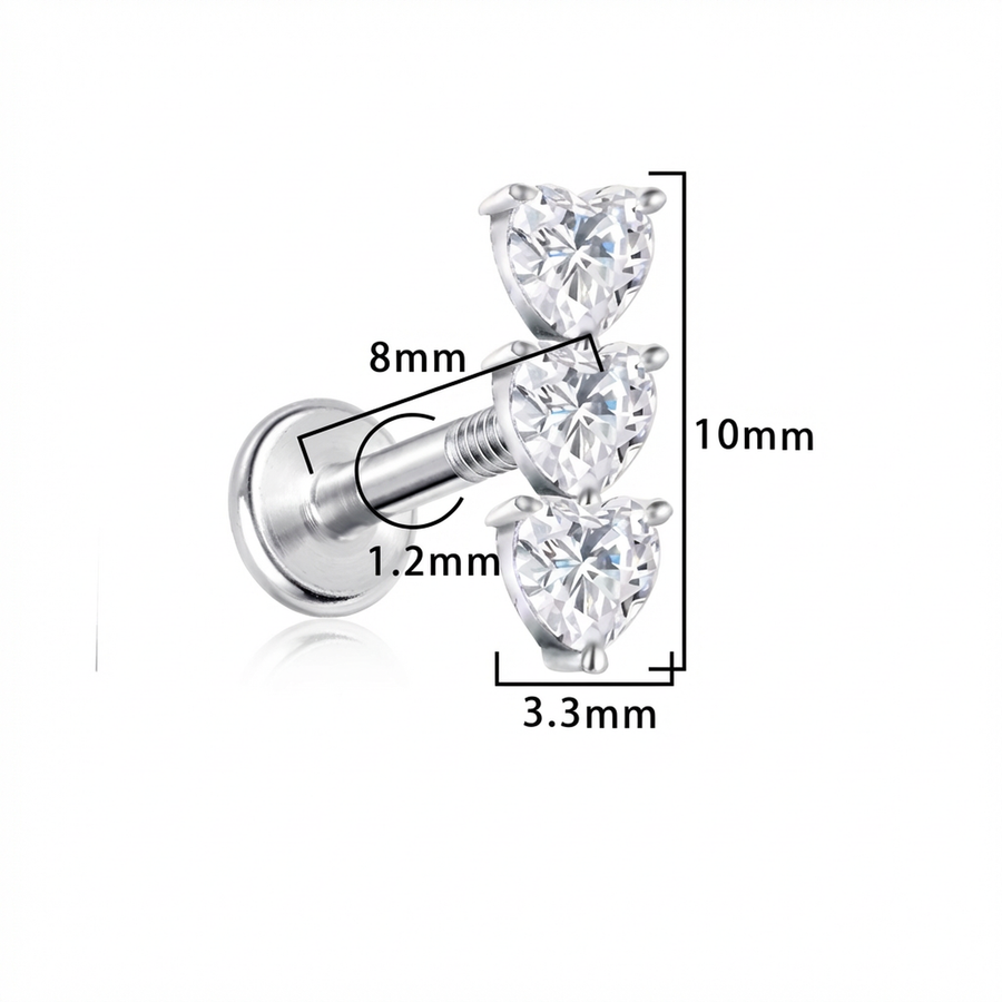 Piercing con zirconi a cuore in Titanio G23- Piercing per Lobo, helix, forward helix, conch, flat, tragus