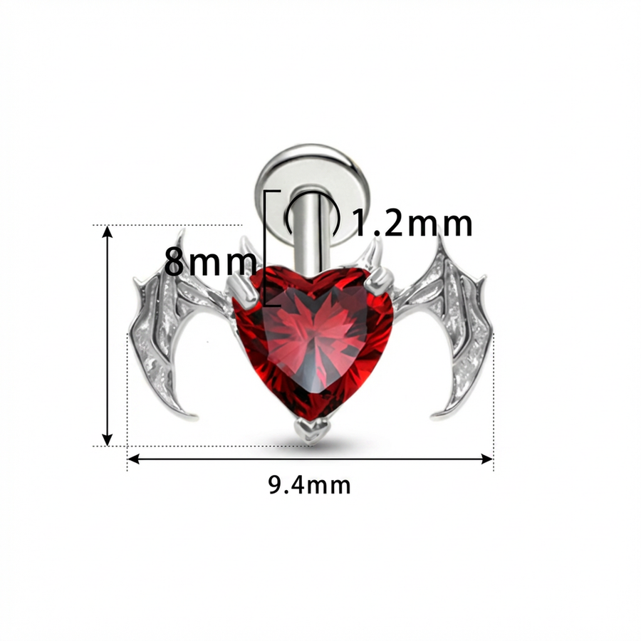 Piercing cuore rosso con ali in Titanio G23- Piercing per Lobo, helix, forward helix, conch, flat, tragus