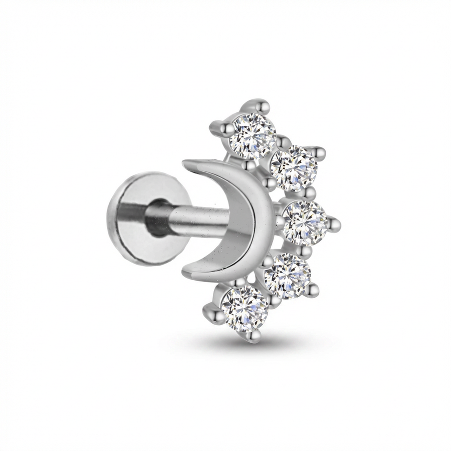 Piercing con mezza luna e zirconi in Titanio G23- Piercing per Lobo, helix, forward helix, conch, flat, tragus