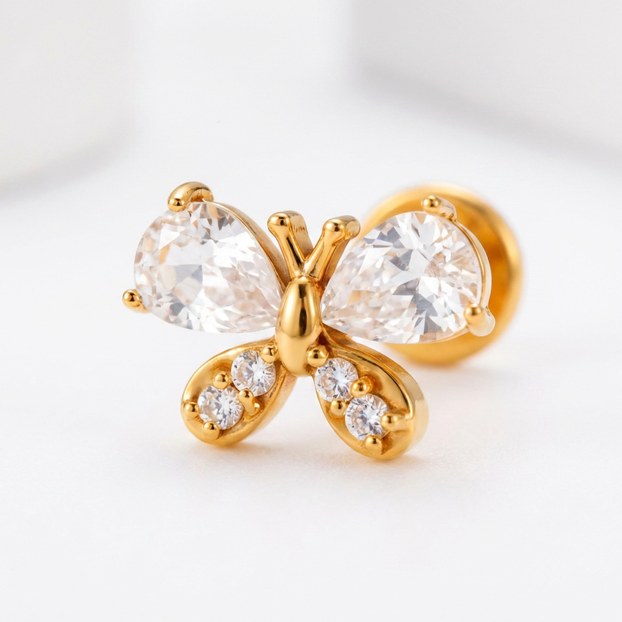 Barretta con farfalla e zirconi in Acciaio Chirurgico 316L - Piercing per orecchio