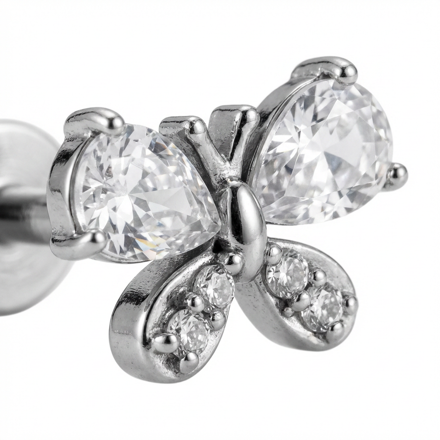 Barretta con farfalla e zirconi in Acciaio Chirurgico 316L - Piercing per orecchio