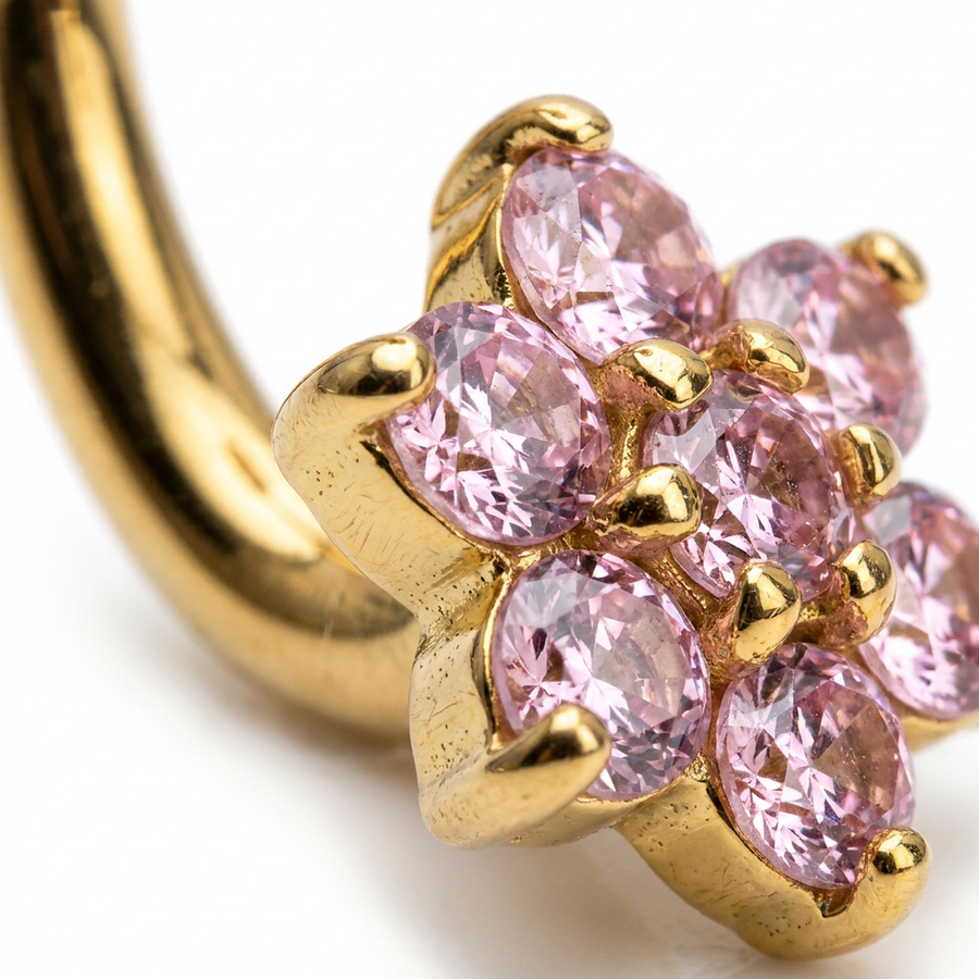 Navel con fiore di zirconi rosa in Titanio - Piercing per ombelico