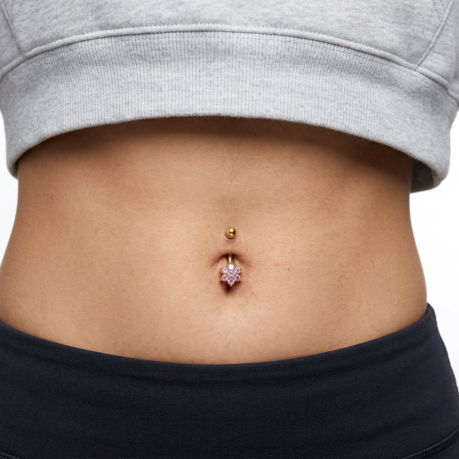 Navel con fiore di zirconi rosa in Titanio - Piercing per ombelico