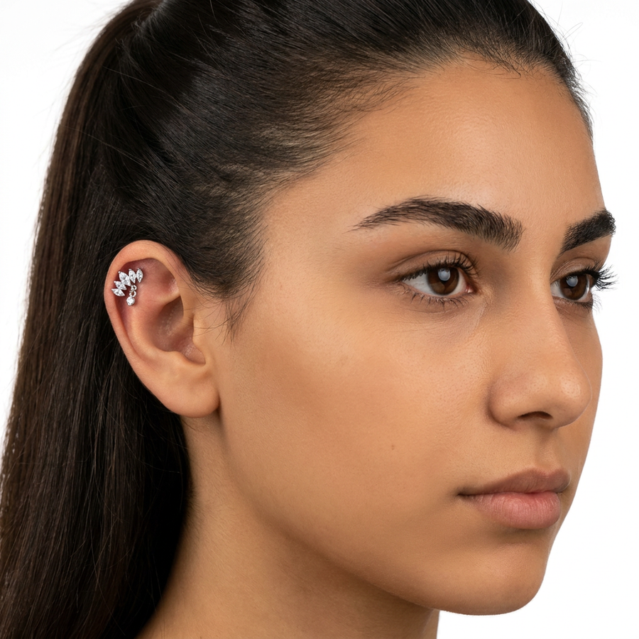 Barretta con cinque zirconi e pendente in Acciaio Chirurgico 316L - Piercing per orecchio