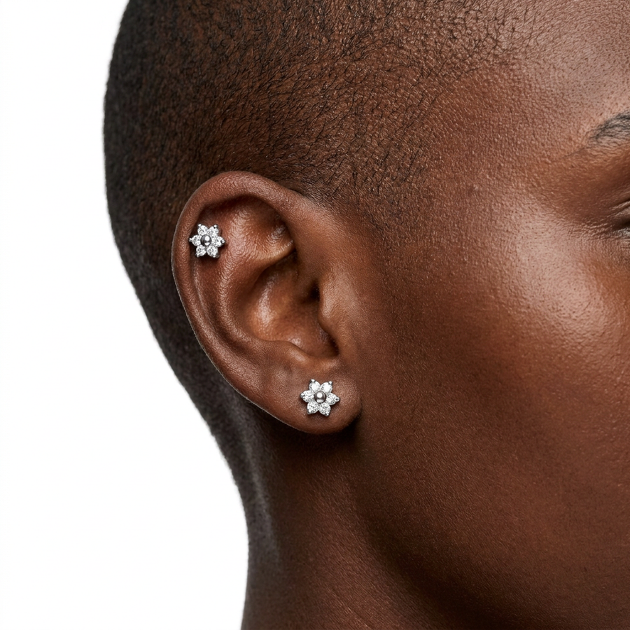 Barretta con fiore zirconato in Acciaio Chirurgico 316L - Piercing per orecchio
