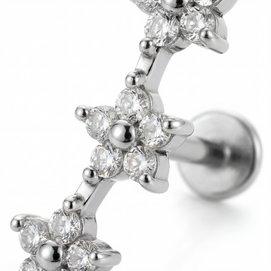 Barretta con fiori zirconati in Acciaio Chirurgico 316L - Piercing per orecchio