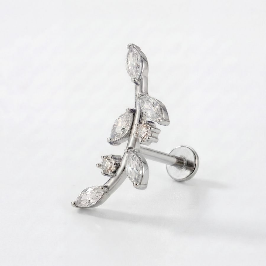 Barretta ramoscello con zirconi in Acciaio Chirurgico 316L - Piercing per orecchio