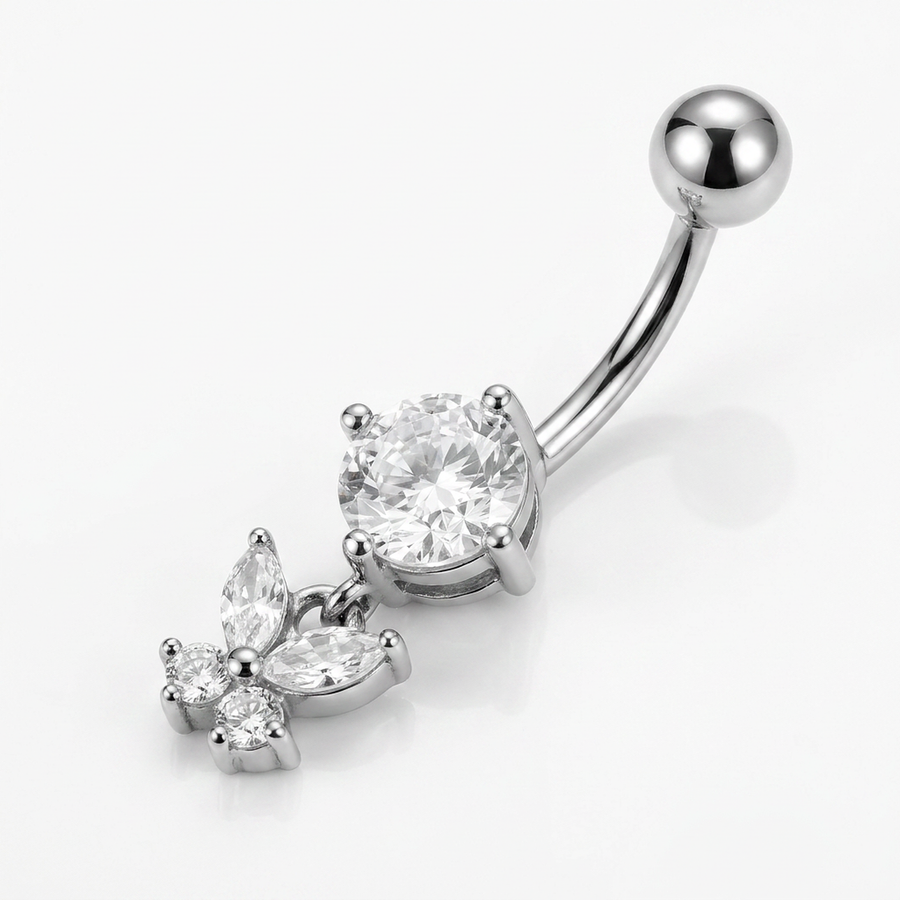 Piercing con zircone e farfalla pendente in Acciaio Chirurgico 316L - Piercing per ombelico