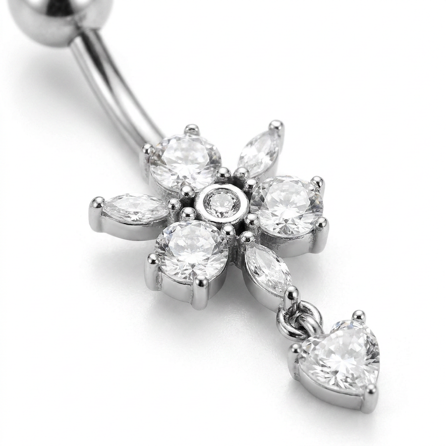 Piercing con fiore di zirconi e cuore pendente in Acciaio Chirurgico 316L - Piercing per ombelico