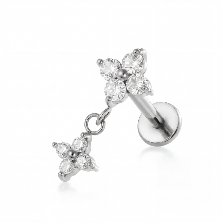 Barretta con fiore zirconato pendente in Acciaio Chirurgico 316L - Piercing per orecchio