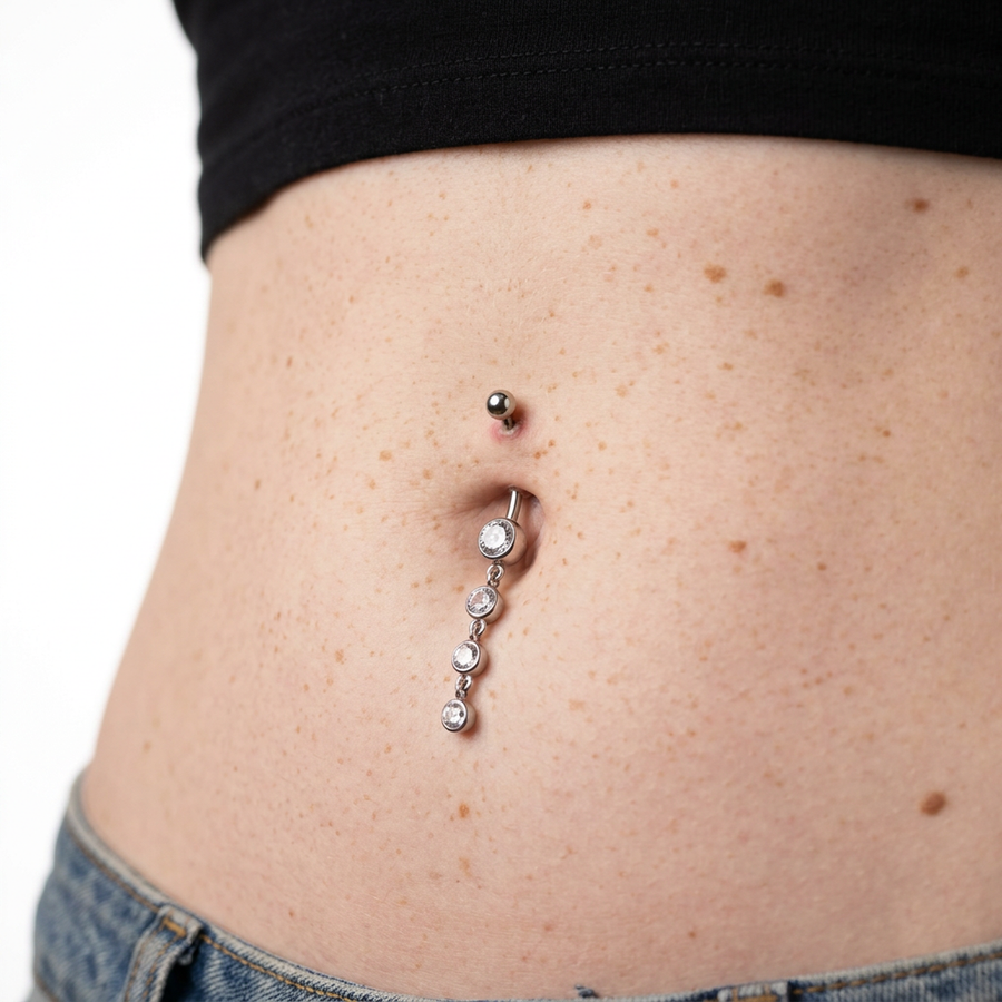 Piercing con quattro zirconi pendenti in Acciaio Chirurgico 316L- Piercing per ombelico