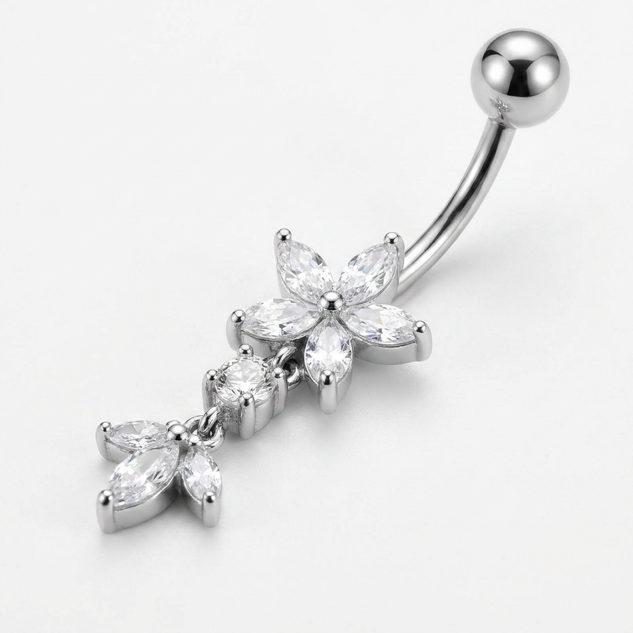 Piercing con fiore e zirconi pendenti in Acciaio Chirurgico 316L - Piercing per ombelico