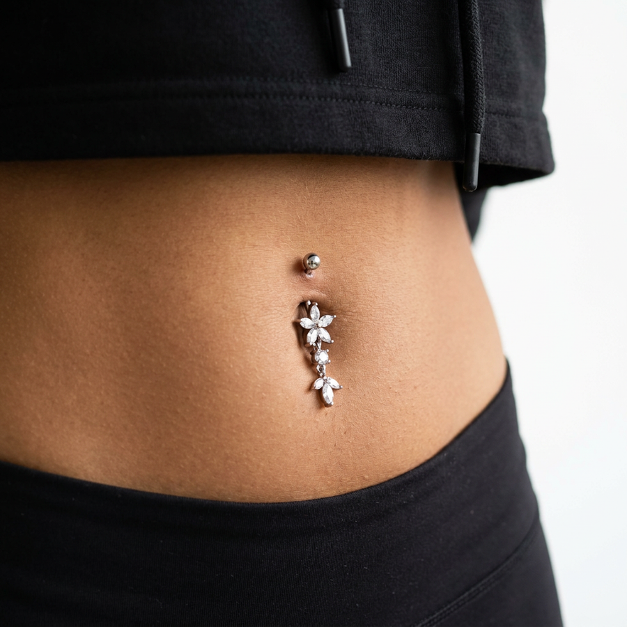 Piercing con fiore e zirconi pendenti in Acciaio Chirurgico 316L - Piercing per ombelico