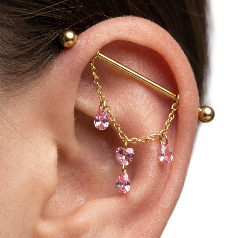 Piercing con catene e pietre rosa in Titanio G23 - Piercing per Industrial