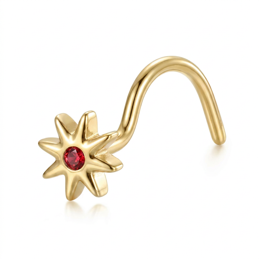 Piercing con fiore con zircone rosso in Titanio - Piercing per naso