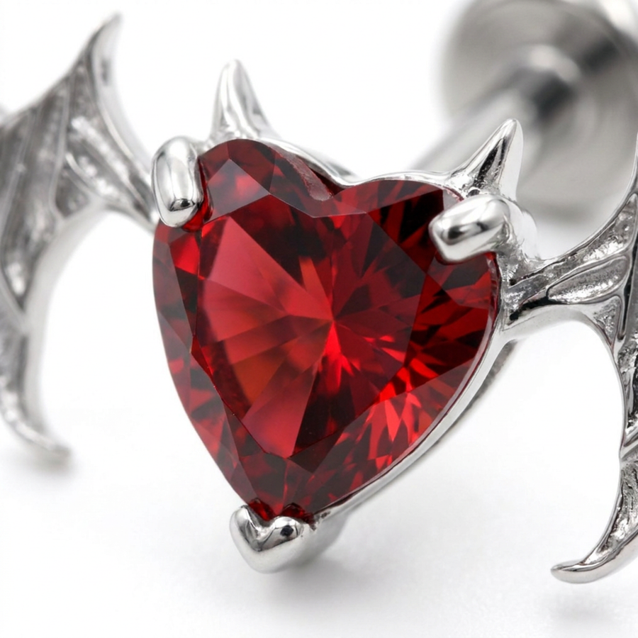 Piercing cuore rosso con ali in Titanio G23- Piercing per Lobo, helix, forward helix, conch, flat, tragus