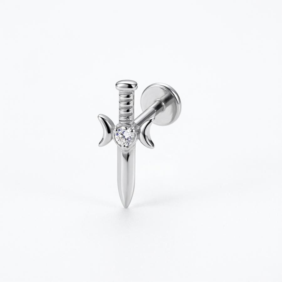 Piercing con coltello e zircone in Titanio G23- Piercing per Lobo, helix, forward helix, conch, flat, tragus
