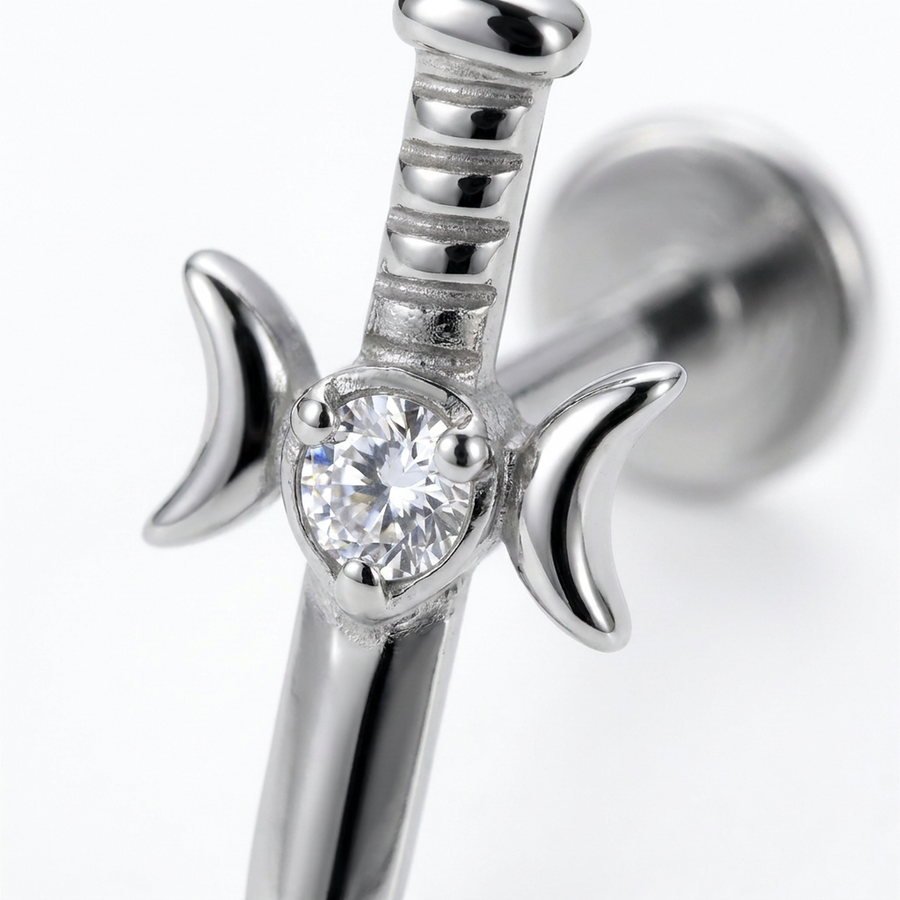 Piercing con coltello e zircone in Titanio G23- Piercing per Lobo, helix, forward helix, conch, flat, tragus