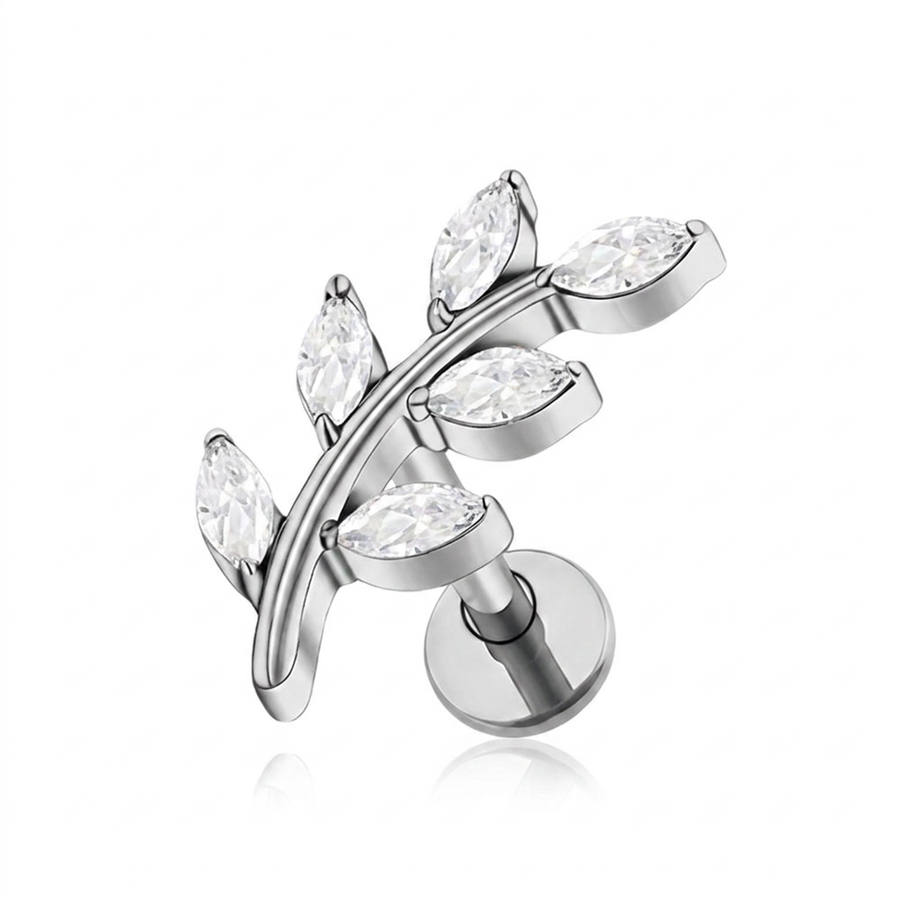 Piercing con ramoscello e zirconi in Titanio G23- Piercing per Lobo, helix, forward helix, conch, flat, tragus