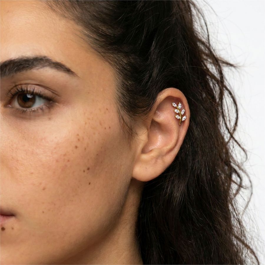 Piercing con ramoscello e zirconi in Titanio G23- Piercing per Lobo, helix, forward helix, conch, flat, tragus