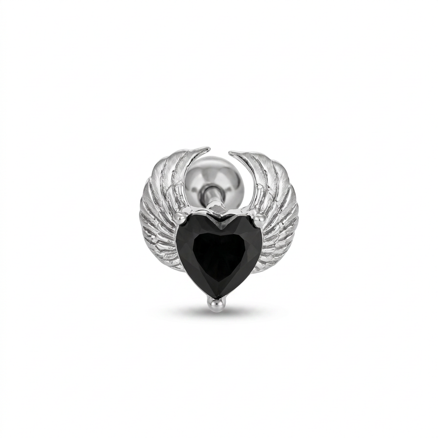 Piercing con cuore di zircone nero in acciaio chirurgico 316L - Piercing per lobo, helix, forward helix, conch, flat, tragus