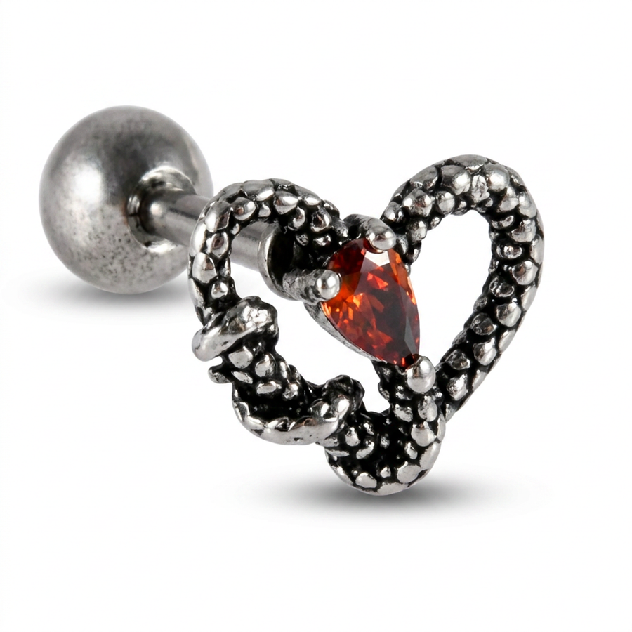Piercing con cuore pitonato con zircone rosso in acciaio chirurgico 316L - Piercing per lobo, helix, forward helix, conch, flat, tragus