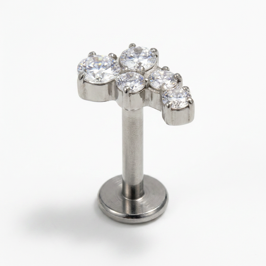 Piercing con cinque zirconi in acciaio chirurgico 316L - Piercing per lobo, helix, forward helix, conch, flat, tragus