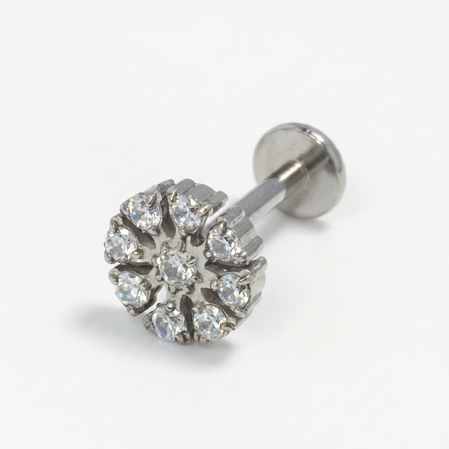 Piercing con fiore di zirconi in acciaio chirurgico 316L - Piercing per lobo, helix, forward helix, conch, flat, tragus