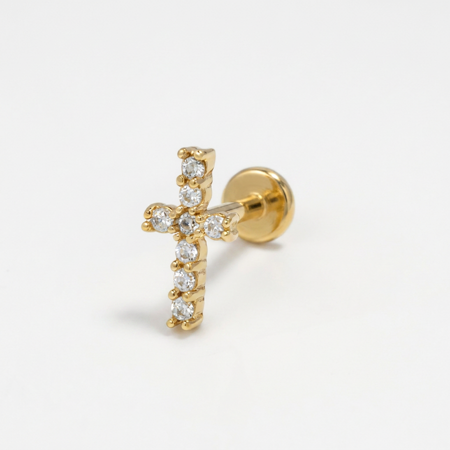 Piercing con croce di zirconi in acciaio chirurgico 316L - Piercing per lobo, helix, forward helix, conch, flat, tragus