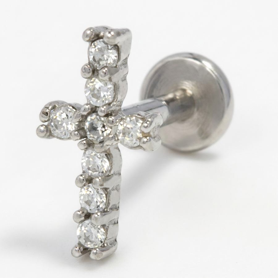 Piercing con croce di zirconi in acciaio chirurgico 316L - Piercing per lobo, helix, forward helix, conch, flat, tragus