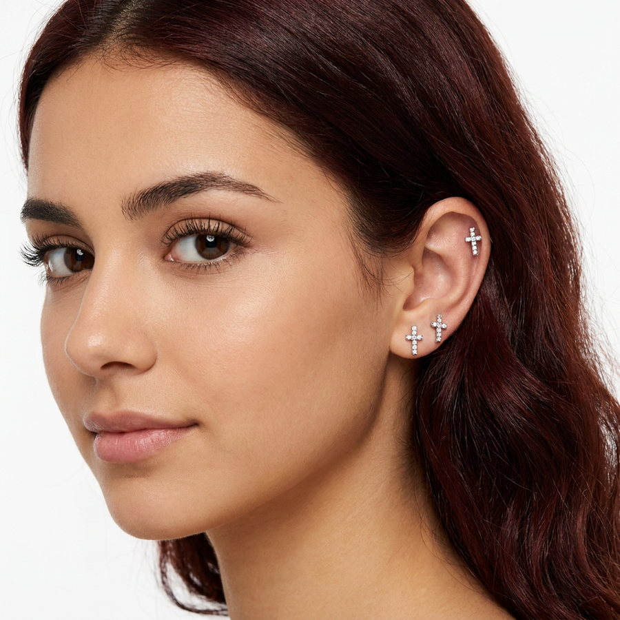 Piercing con croce di zirconi in acciaio chirurgico 316L - Piercing per lobo, helix, forward helix, conch, flat, tragus