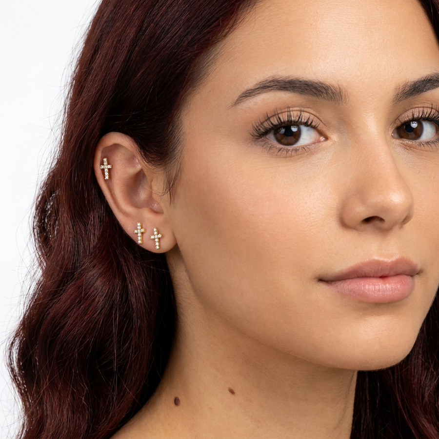 Piercing con croce di zirconi in acciaio chirurgico 316L - Piercing per lobo, helix, forward helix, conch, flat, tragus