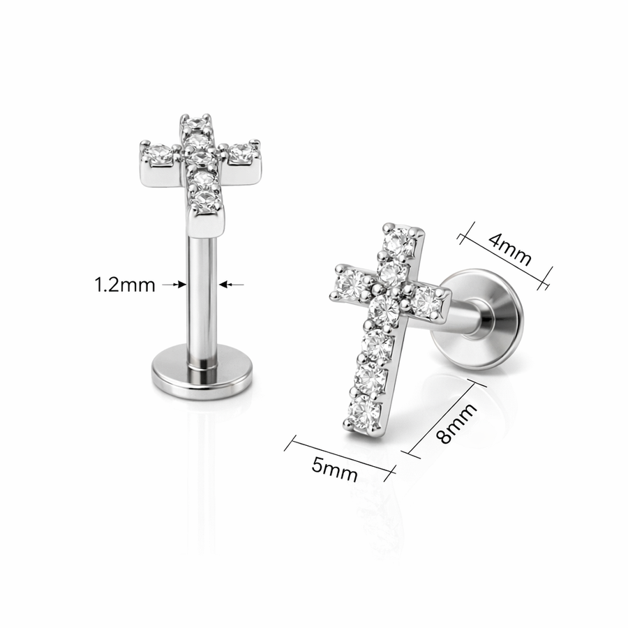 Piercing con croce di zirconi in acciaio chirurgico 316L - Piercing per lobo, helix, forward helix, conch, flat, tragus