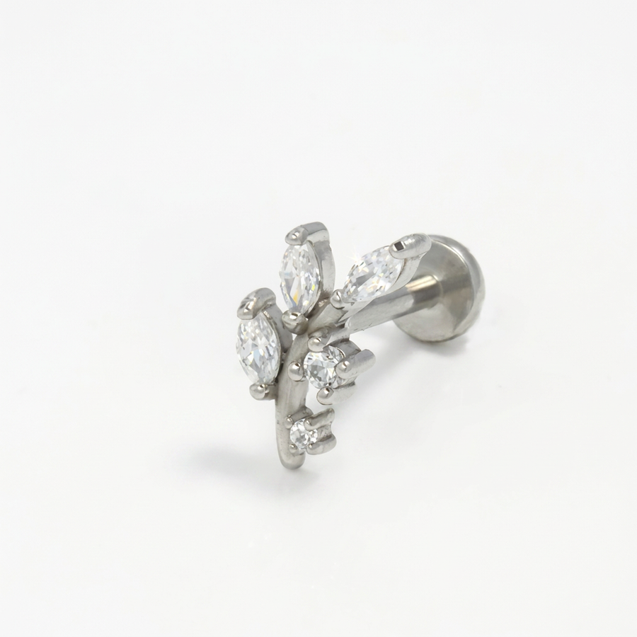Piercing con ramoscello e zirconi in Acciaio Chirurgico 316L - Piercing per lobo, helix, forward helix, conch, flat, tragus