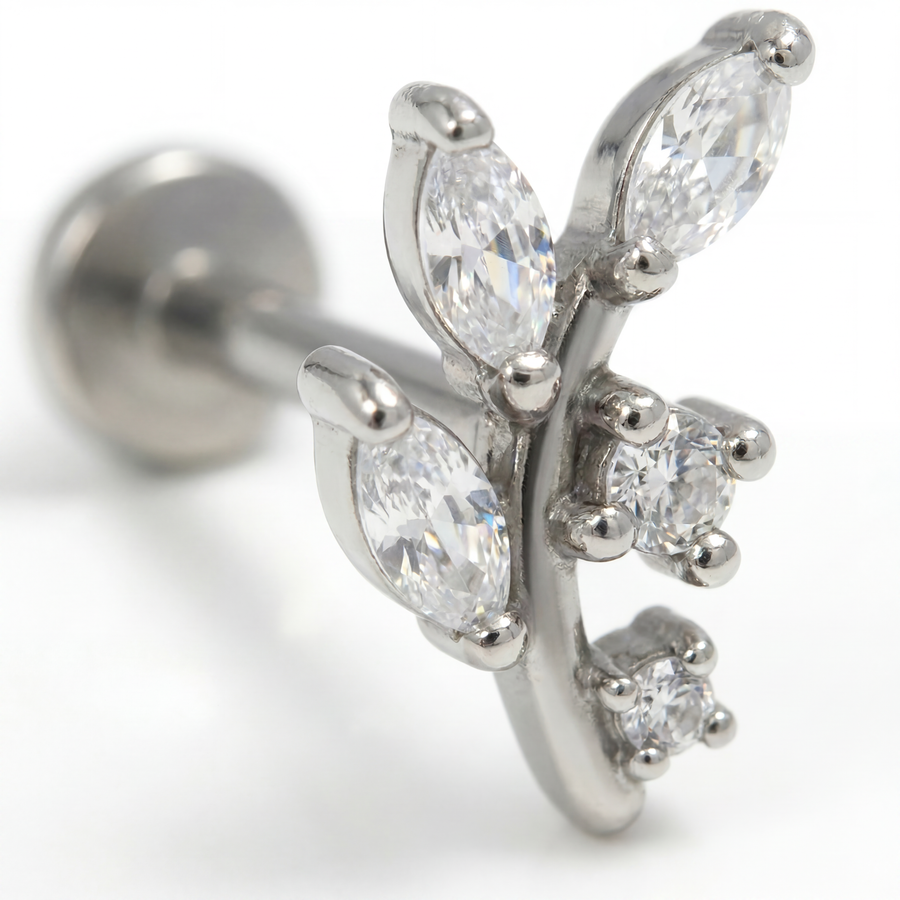 Piercing con ramoscello e zirconi in Acciaio Chirurgico 316L - Piercing per lobo, helix, forward helix, conch, flat, tragus