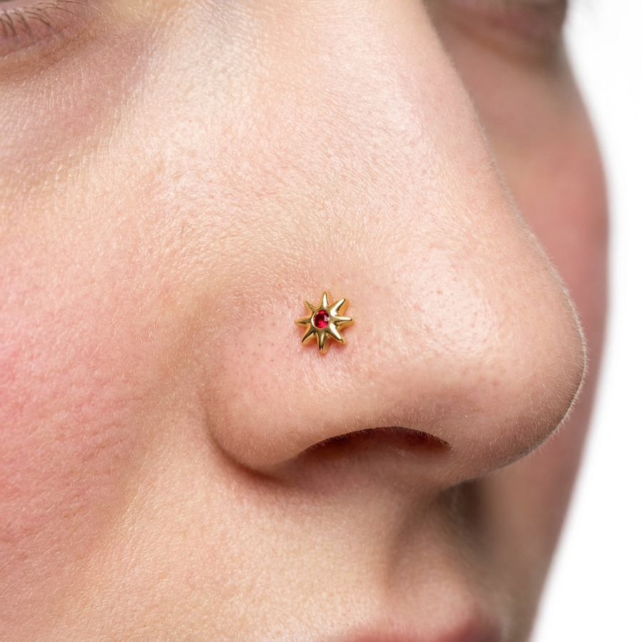 Piercing con fiore e zircone rosso in Titanio G23- Piercing per naso