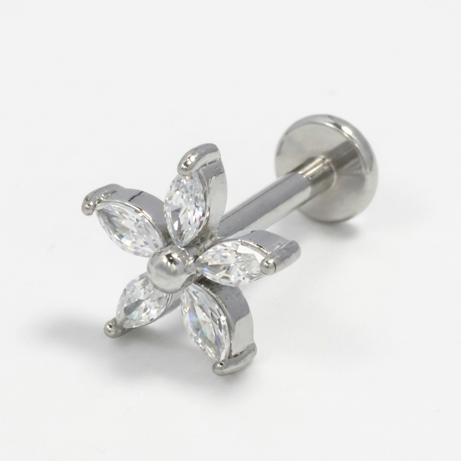Piercing con fiore di zirconi in acciaio chirurgico 316L - Piercing per lobo, helix, forward helix, conch, flat, tragus