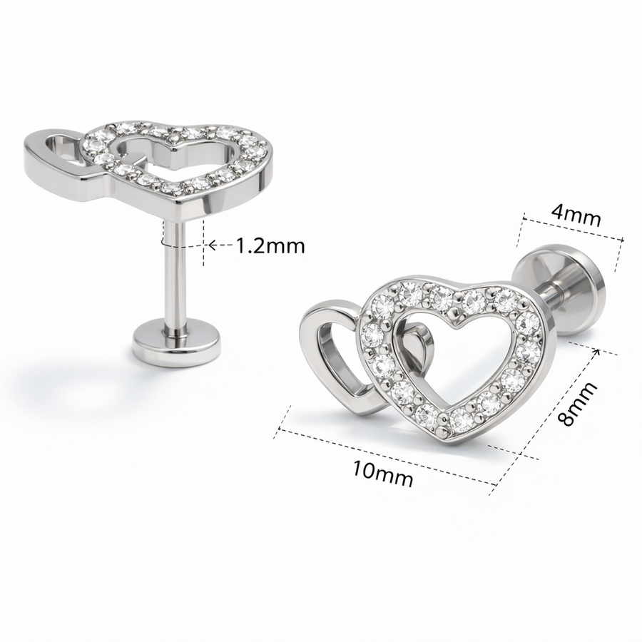 Piercing con cuore e zirconi in Acciaio Chirurgico 316L - Piercing per lobo, helix, forward helix, conch, flat, tragus