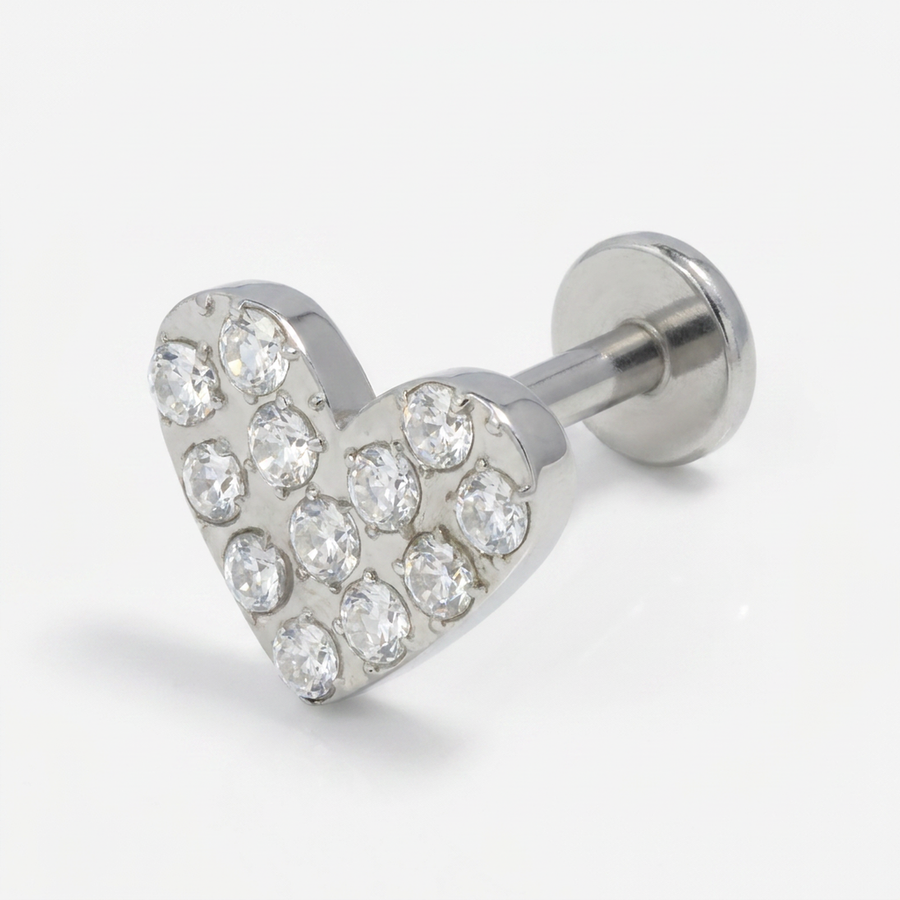Piercing con cuore con zirconi in acciaio chirurgico 316L - Piercing per lobo, helix, forward helix, conch, flat, tragus