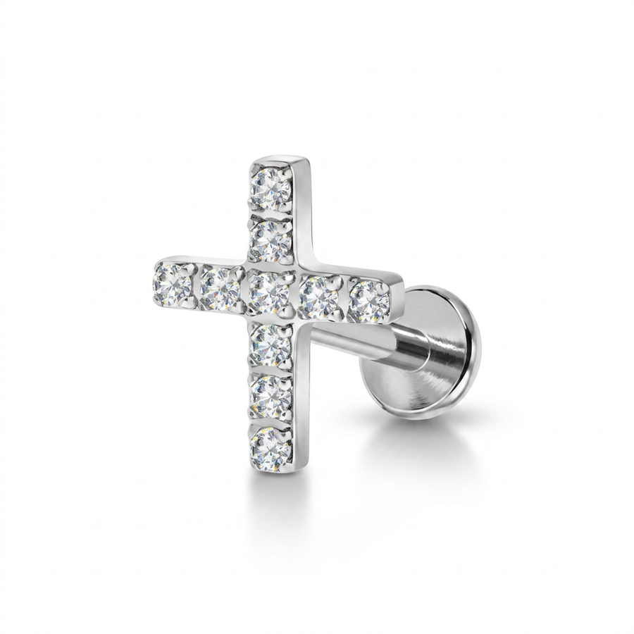 Piercing con croce zirconi in Acciaio Chirurgico 316L - Piercing per lobo, helix, forward helix, conch, flat, tragus