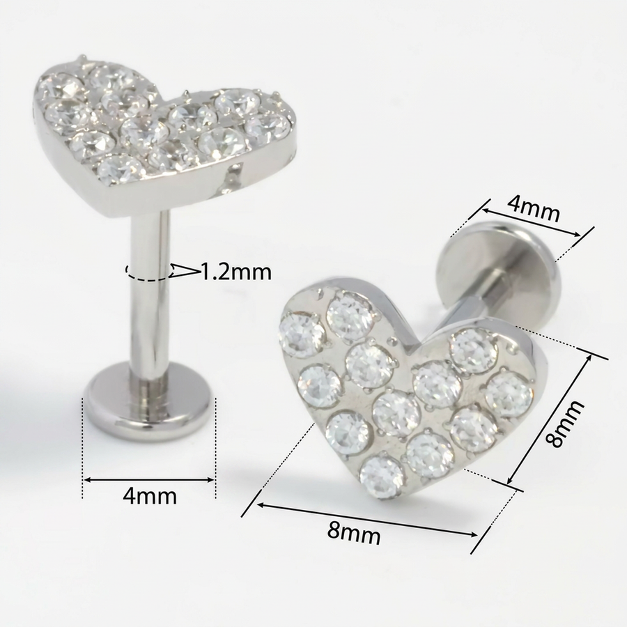 Piercing con cuore con zirconi in Acciaio Chirurgico 316L - Piercing per lobo, helix, forward helix, conch, flat, tragus
