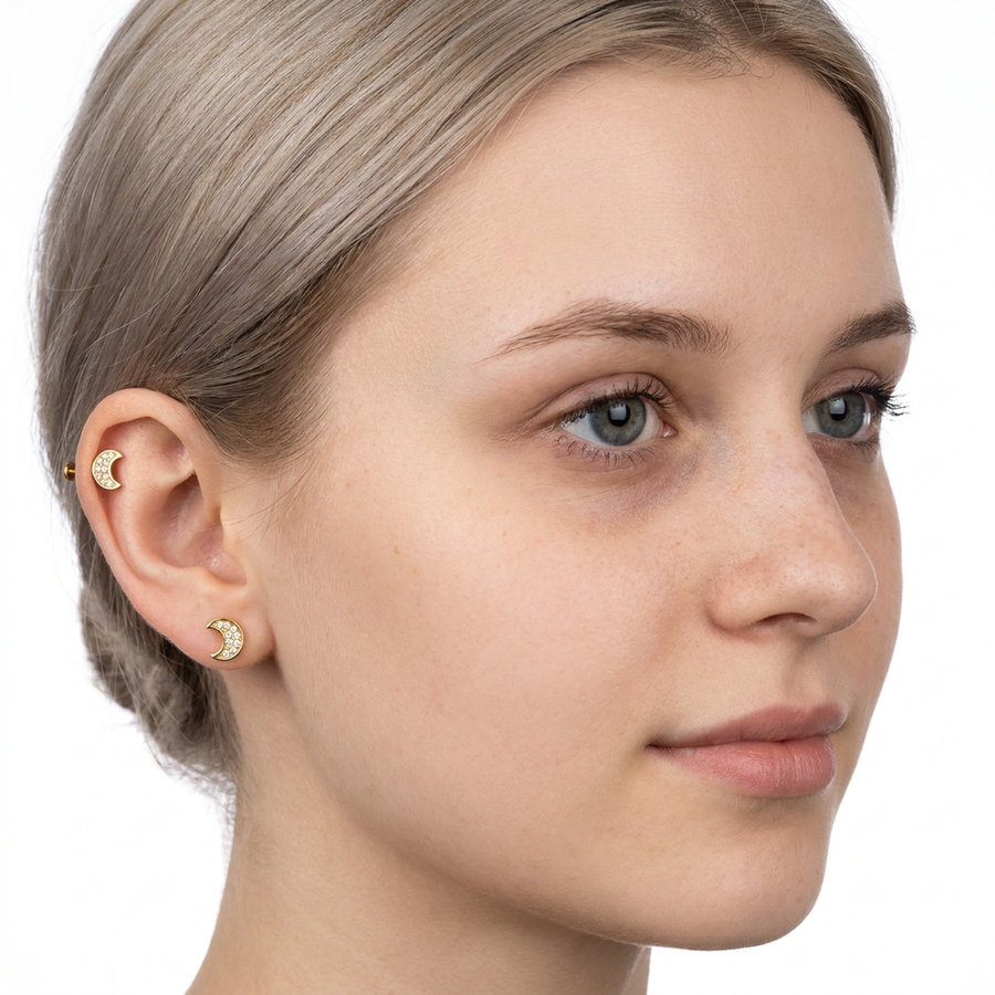 Piercing con luna e zirconi in Acciaio Chirurgico 316L - Piercing per lobo, helix, forward helix, conch, flat, tragus