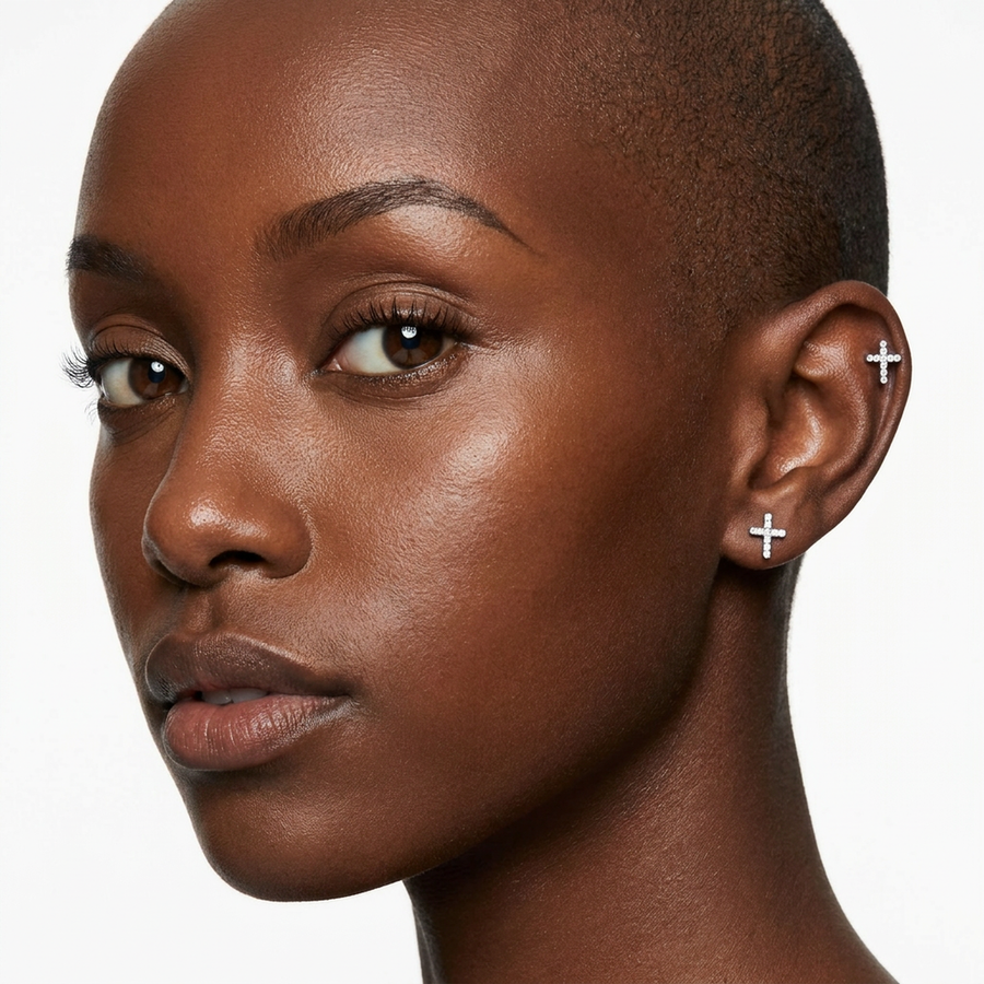 Piercing con croce zirconi in Acciaio Chirurgico 316L - Piercing per lobo, helix, forward helix, conch, flat, tragus