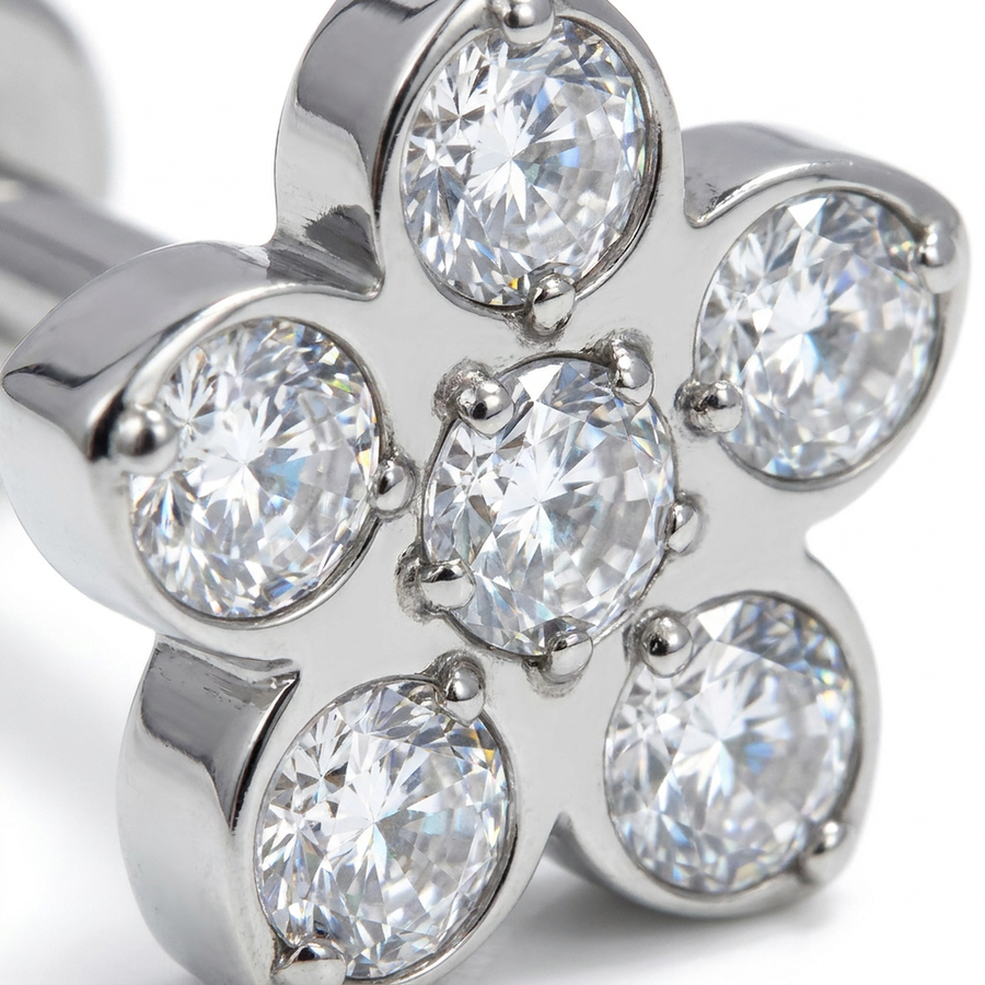 Piercing con fiore di zirconi in Acciaio Chirurgico 316L - Piercing per lobo, helix, forward helix, conch, flat, tragus