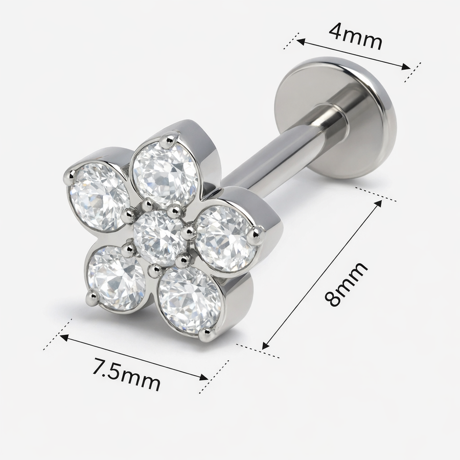 Piercing con fiore di zirconi in Acciaio Chirurgico 316L - Piercing per lobo, helix, forward helix, conch, flat, tragus