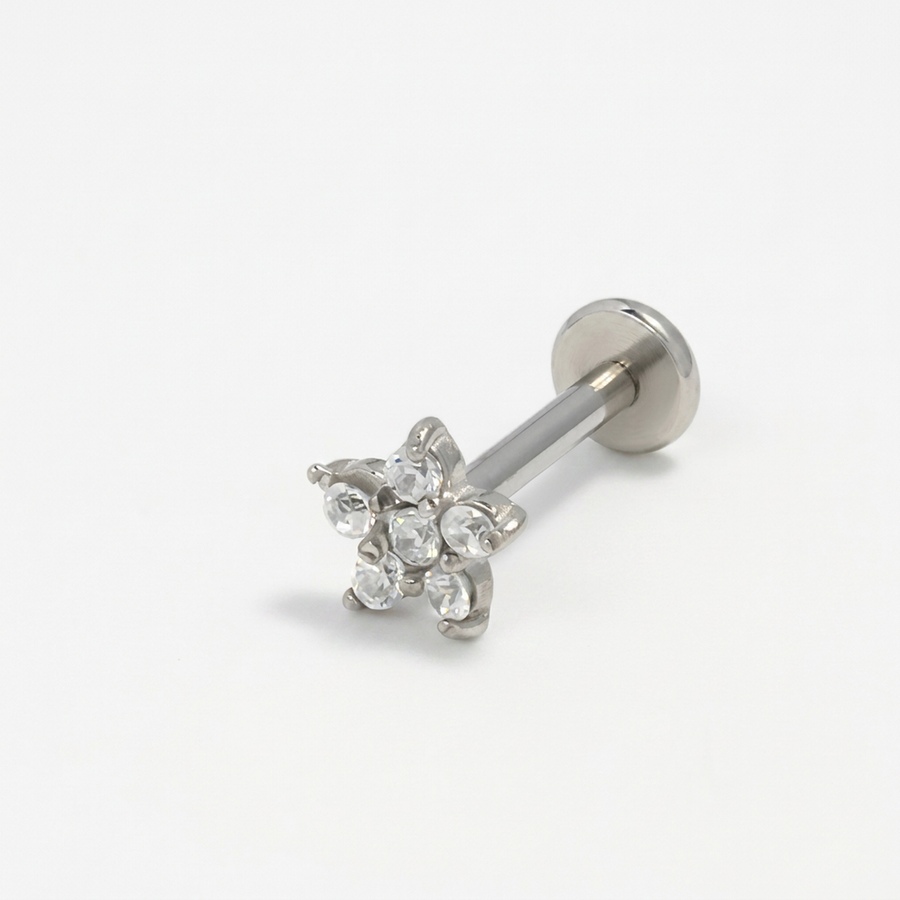 Piercing con fiorellino di zirconi in acciaio chirurgico 316L - Piercing per lobo, helix, forward helix, conch, flat, tragus