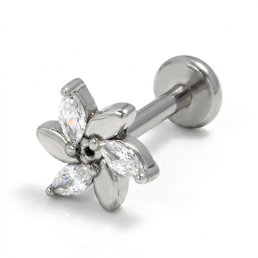 Piercing con fiore di zirconi in Acciaio Chirurgico 316L - Piercing per lobo, helix, forward helix, conch, flat, tragus